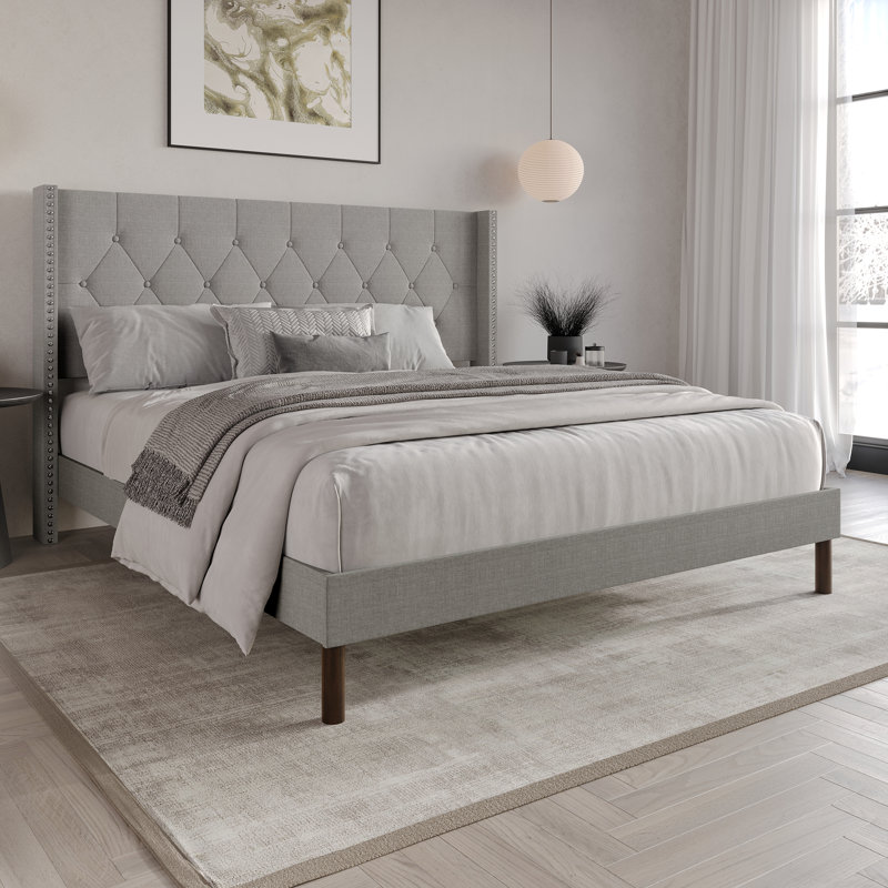 Linen Upholstered Wingback Bed , Light Gray, King