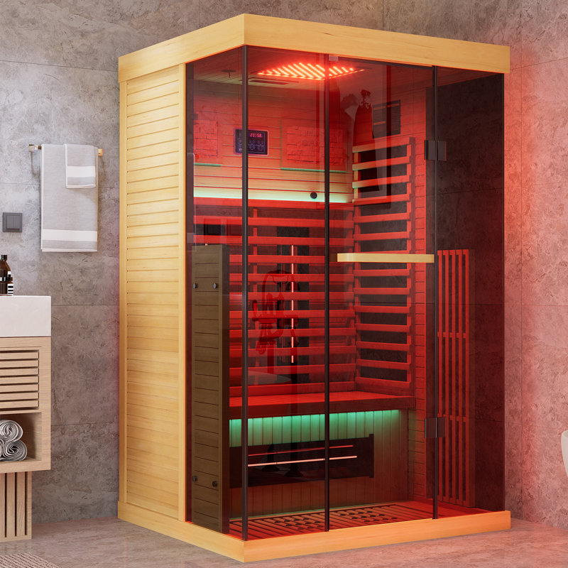 Meissalivve Full Spectrum Infrared Sauna，1-2 Person Home Sauna，wooden Canadian Hemlock Indoor Spa Sauna With Resonance Speaker, Panoramic Tempered Glass Door