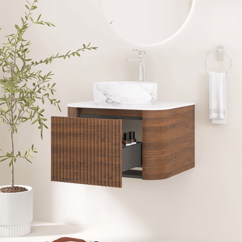 Meuble-lavabo mural cannelé 24 po avec lavabo vasque en céramique, tiroir et porte-serviettes, Walnut