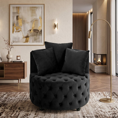 Fauteuil pivotant rond en velours de 76 cm (30 po) avec capitonnage à boutons et roulettes