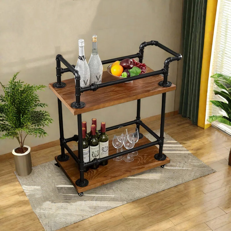 2-Tier Industrial Bar Cart, Serving Cart With Universal Wheels & 2 Shelves Storage Cart For Restaurant Kitchen Hotel Office Drink Cart Coffee Cart Station Rolling Cart Trolley