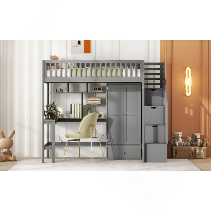 Lit mezzanine simple avec bibliothèque, tiroirs, bureau et garde-robe gris, Gris, Lit simple
