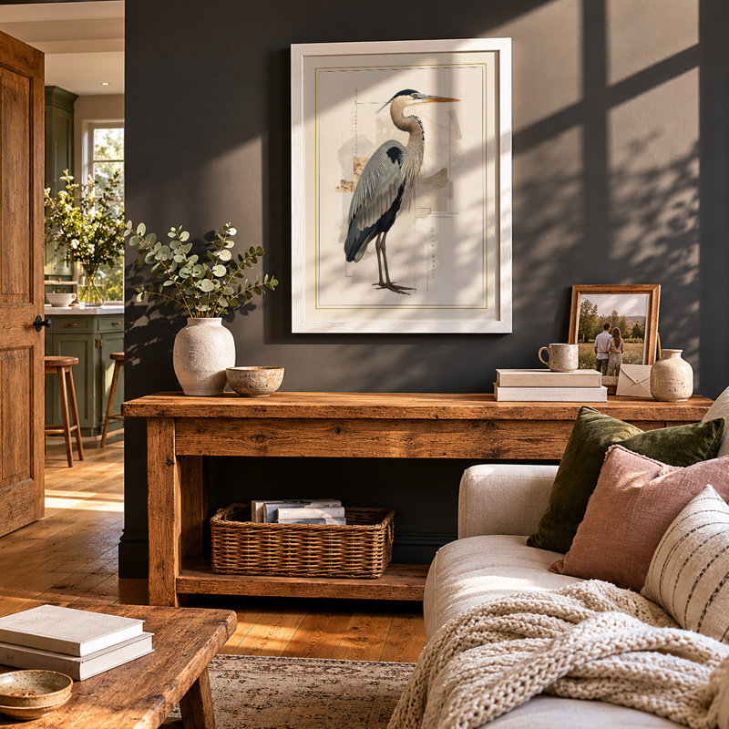 Great Blue Heron Botanical - Framed Print, A4 - 29.7 x 21.0 cm, White