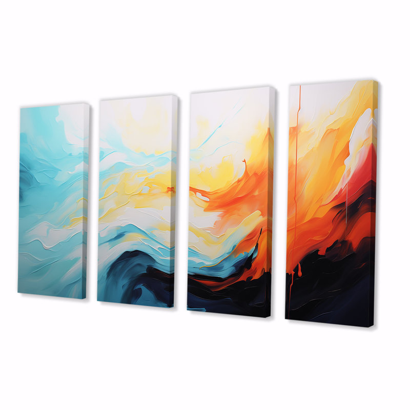 «Blue and Orange Colorful Abstract Expression», ensemble de 4 peintures murales abstraites, H 28 po x l 48 po
