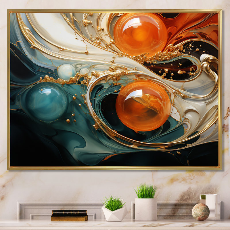 Planète vagues orange et or II - art mural abstrait, Cadre flottant doré, H 24 po x l 32 po x P 1 po