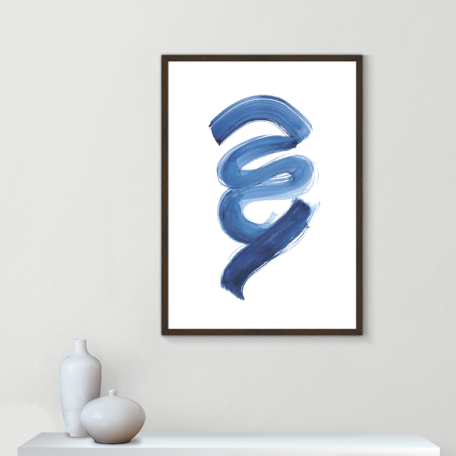 Coppola "Slinky Indigo I" Painting by Filippo Ioco, Walnut Wood Framed Paper, 35.5" H x 25.5" W x 0.75" D