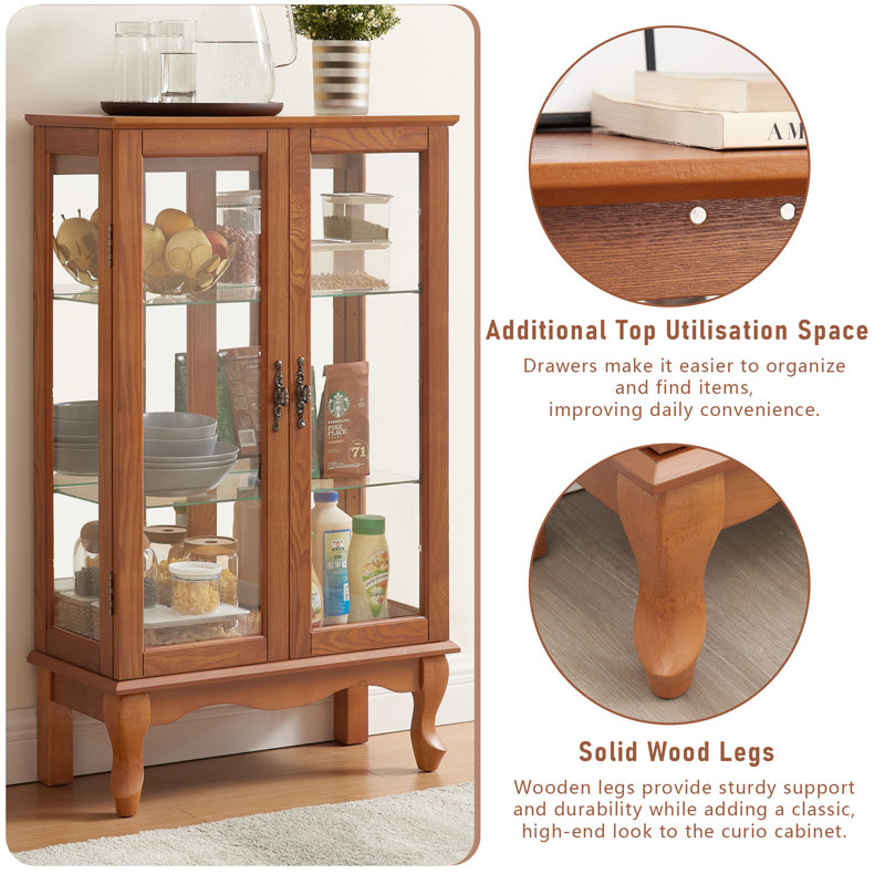 Purcello 44'' H x 26'' W Lighted Curio Cabinet with Triple Adjustable Shelves and Mirrored Back Display Cabinet 