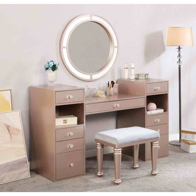 Coiffeuse Blush 1 pièce avec tabouret rembourré, miroir de 3 mm, éclairage DEL, bois massif, tiroirs de rangement, style chambre à coucher, tabouret, éclairage intégré