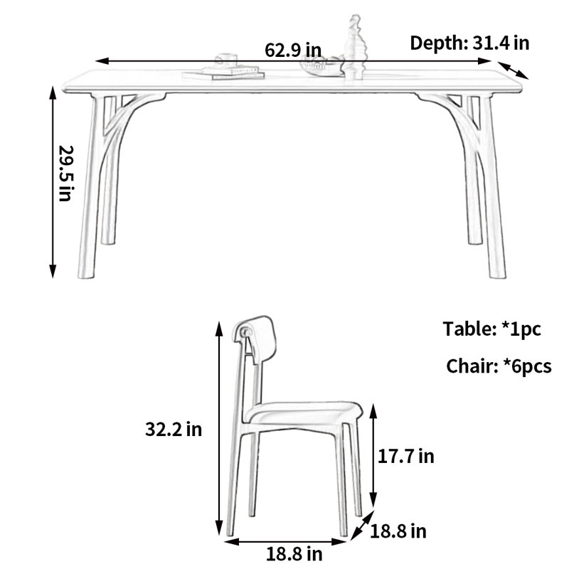 Graceful Simple Luxury Dining table and chairs, 29.5"H x 62.9"L x 31.4"W