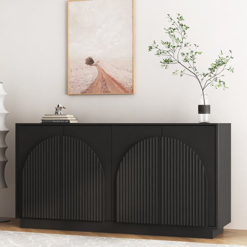 Buffet noir moderne avec rangement, grand buffet cannelé avec tablettes réglables, crédence, console d'appoint