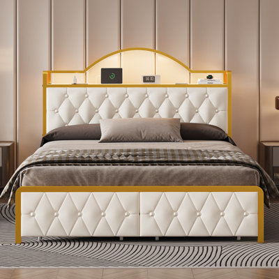 Metal Platform Bed with Stylish Headboard,Charging Station, 2 removable Drawers, LED lights, Easy Assembly by Wrought Studio
