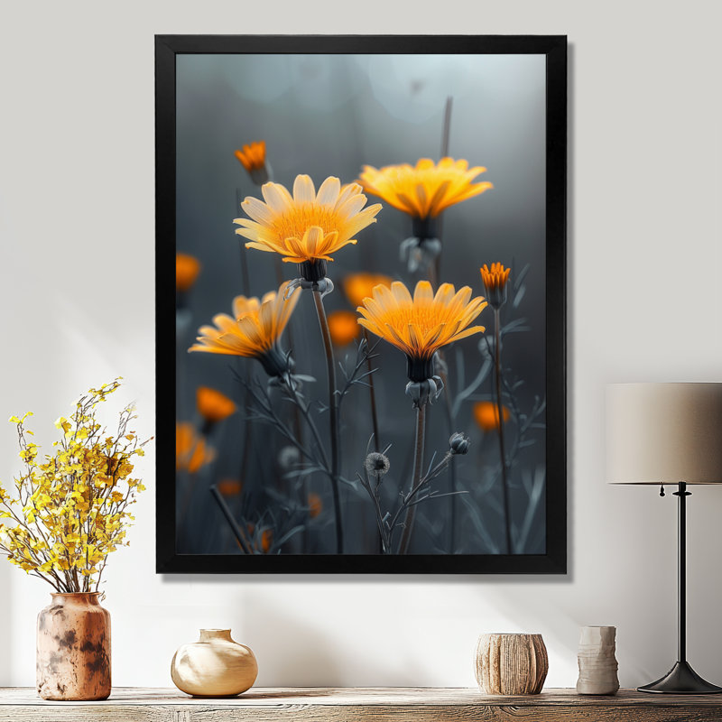Monochrome Yellow Grey Daisy In The Wind II - Daisy Wall Art Print, 32" H x 24" W x 1" D, Black Single Picture Framed