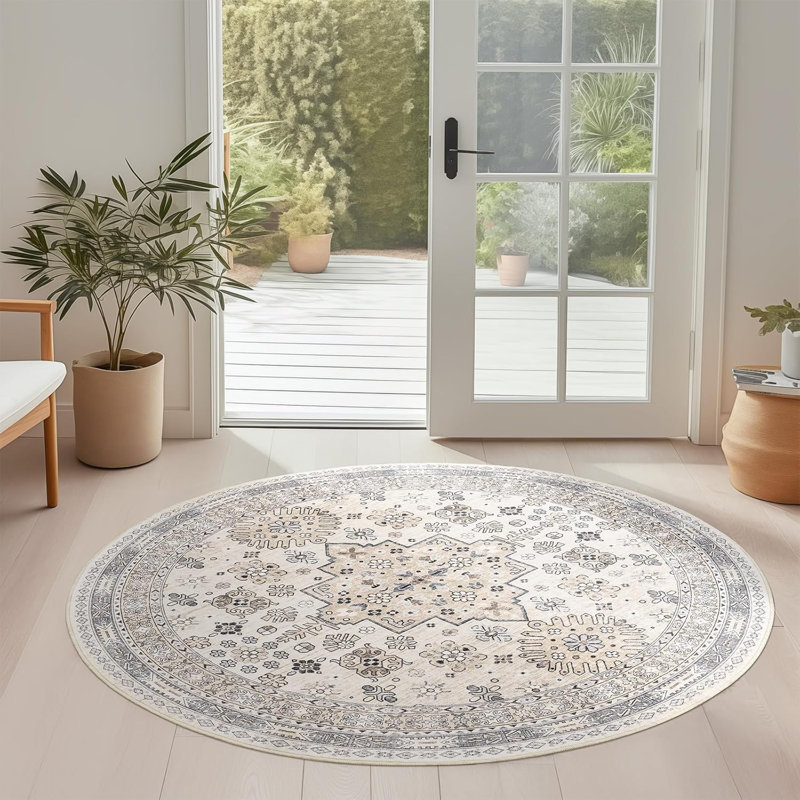 Medallion Non Slip Washable Rug(Beige), Round 4'