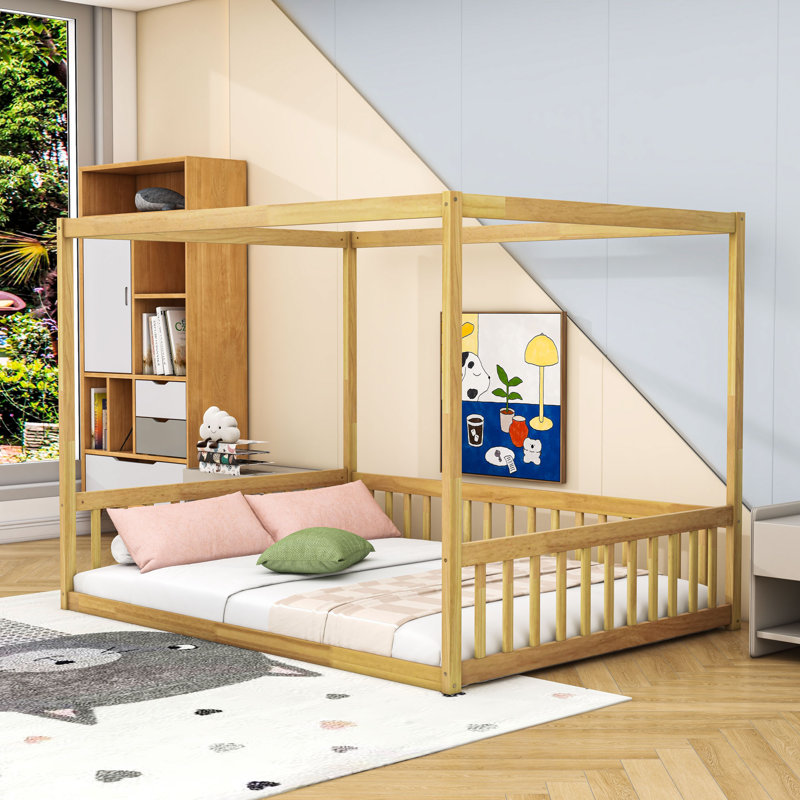 Luxurious Wooden Canopy Floor Bed With Guardrails, Natural, Full