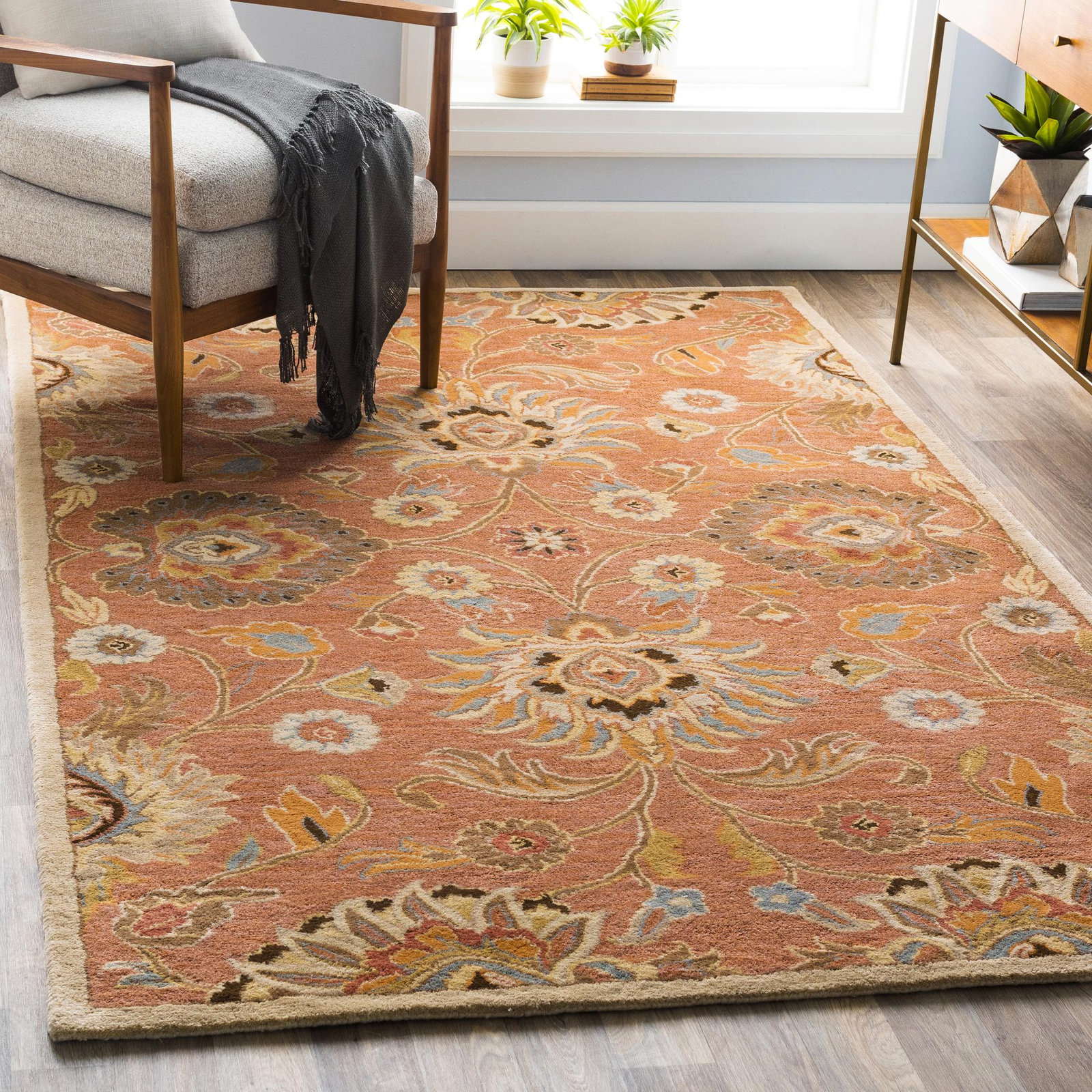 Arden Burnt Orange Hand-Tufted Wool Floral Rug, Rectangle 8' x 11'