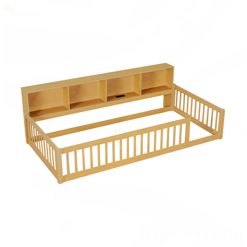 Lit simple en bois avec armoires de rangement et ports USB