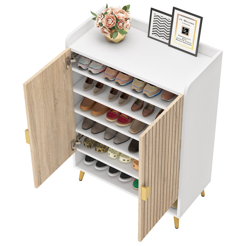 35 Pair Shoe Storage Cabinet, Light Wood/White