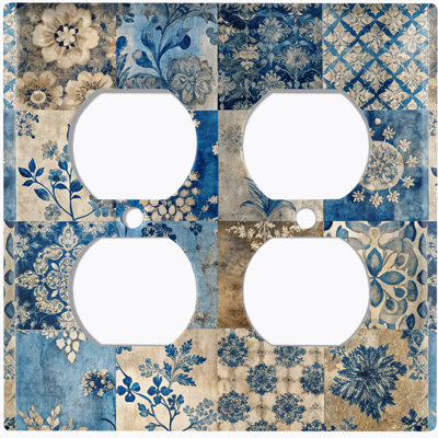 Couvercle de plaque d'interrupteur en métal; Rectangle 2 bandes US - taille US damassé florale bleue rétro