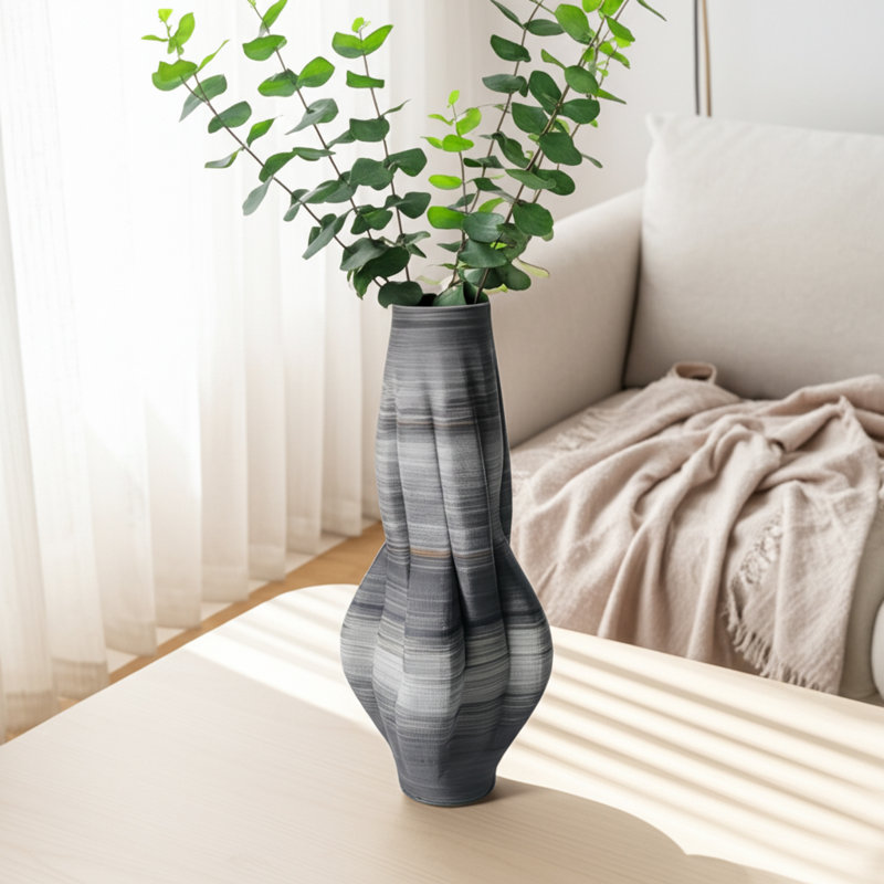 Karly Stoneware Vase With Artistic Contoured Silhouette And Ribbed Textured Form Sculpted From Layered Ceramic Material