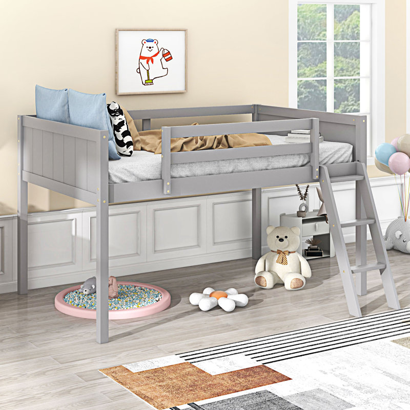 Lit mezzanine bas en bois avec échelle, Gris