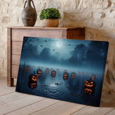 Canvas A Serene Eerie Halloween Scene Featuring A Calm Reflective Body Wall Art Of Water Illuminated By Numerous Carved Jack O Canvas Wall Art