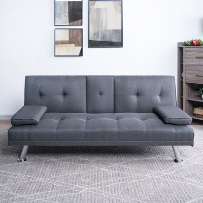 Abdelaziz Linen Upholstered Convertible Futon Sofa Bed With Armrests, Metal Legs, and 2 Cup Holders