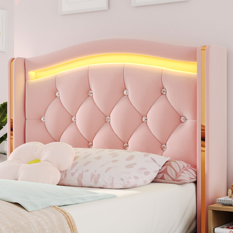 Lit plateforme tapissier avec lumières DEL Areyon, Rose
