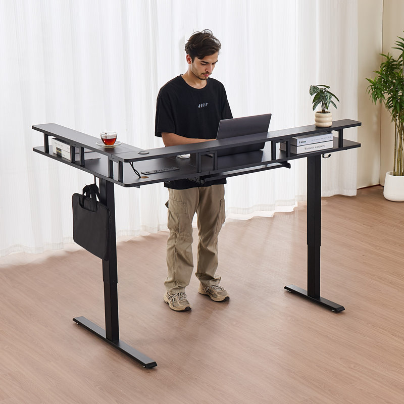 Bureau en coin à hauteur réglable en L avec plateau pour clavier