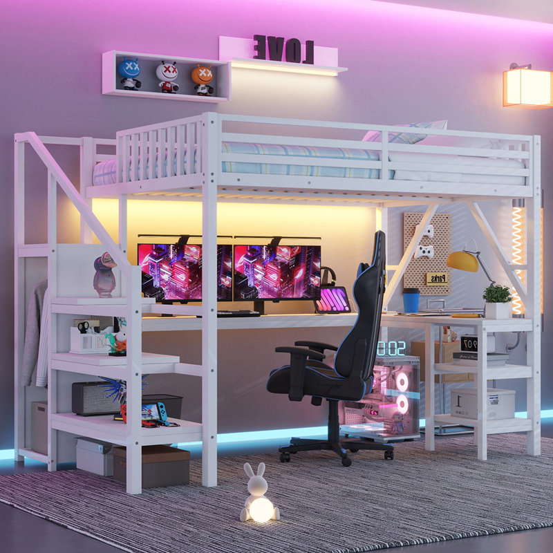 Lit mezzanine en métal avec bureau en L et port USB, Lit double, White