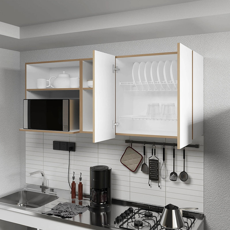 Armoire de cuisine avec espace pour micro-ondes et tablette ouverte