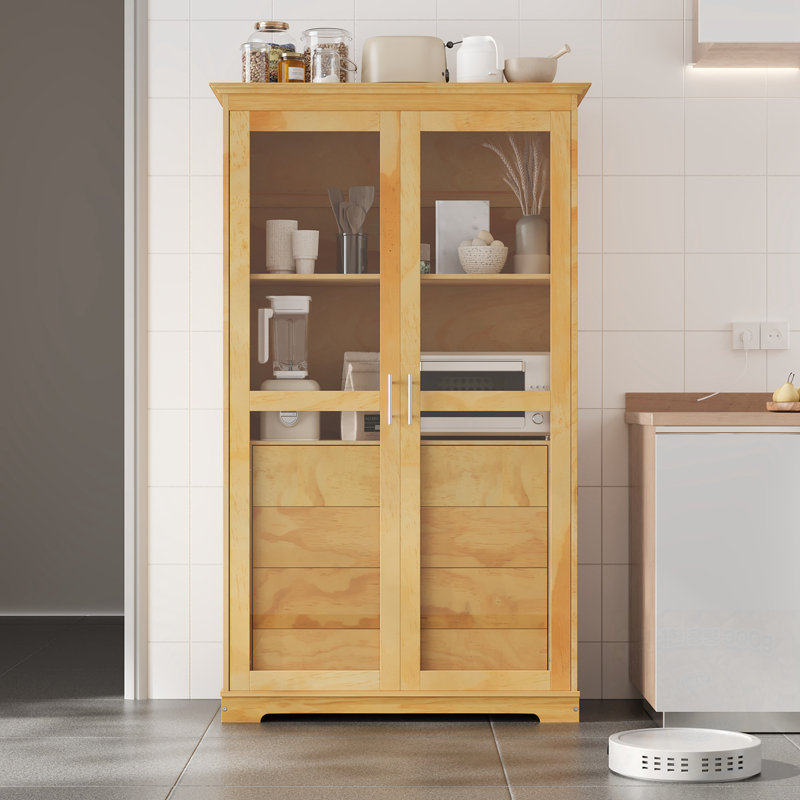 Garde-manger avec portes en verre et 4 tiroirs intégrés, Naturel