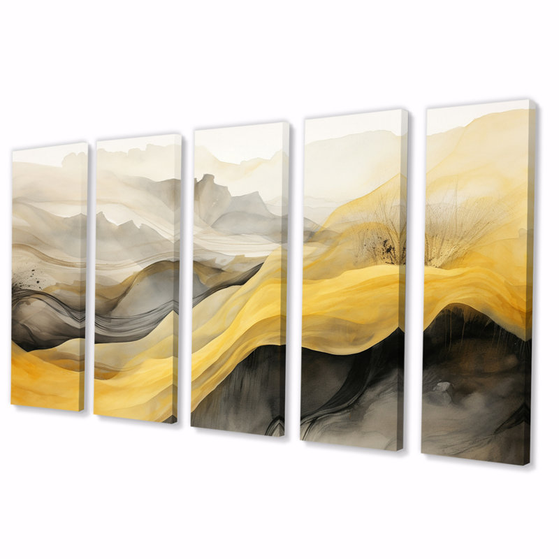 "Paysages de rêves vagues rétro jaune II", reproduction d'art sur toile - 5 panneaux égaux