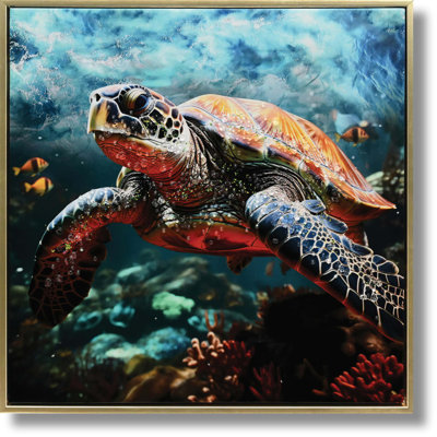 Art mural en toile Golden Drift: Vibrant Sea Turtle - 21 po x 21 po - Cadre doré
