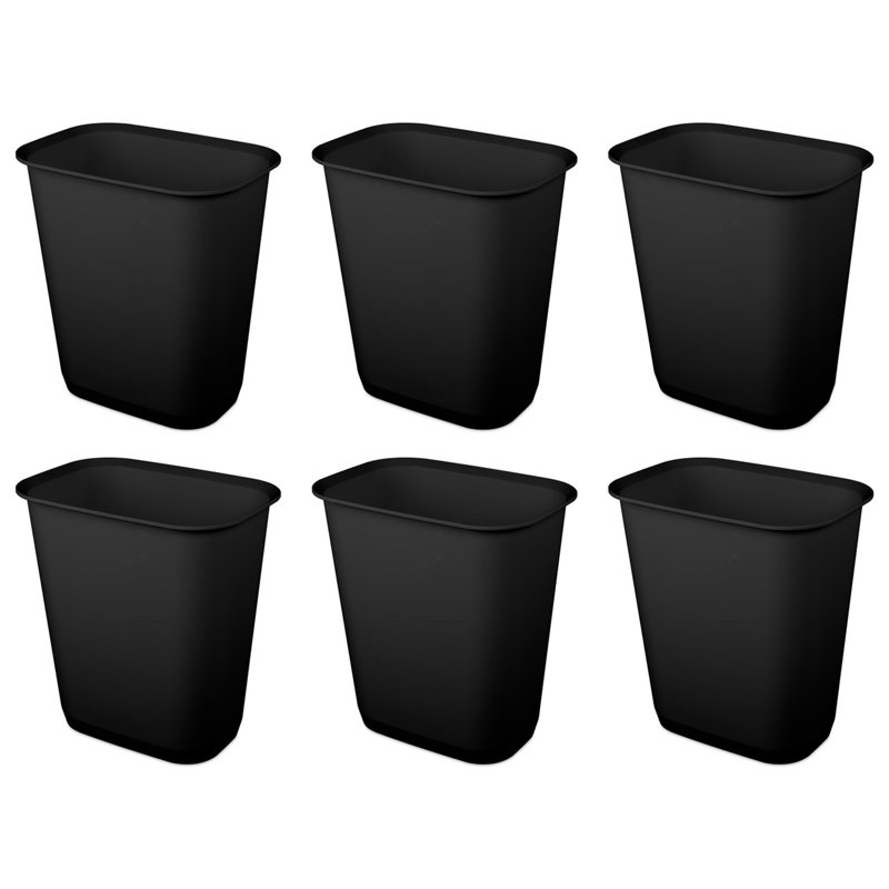 Sterilite 9 Gallon Black Plastic Rectangular Wastebasket, 6 Pack