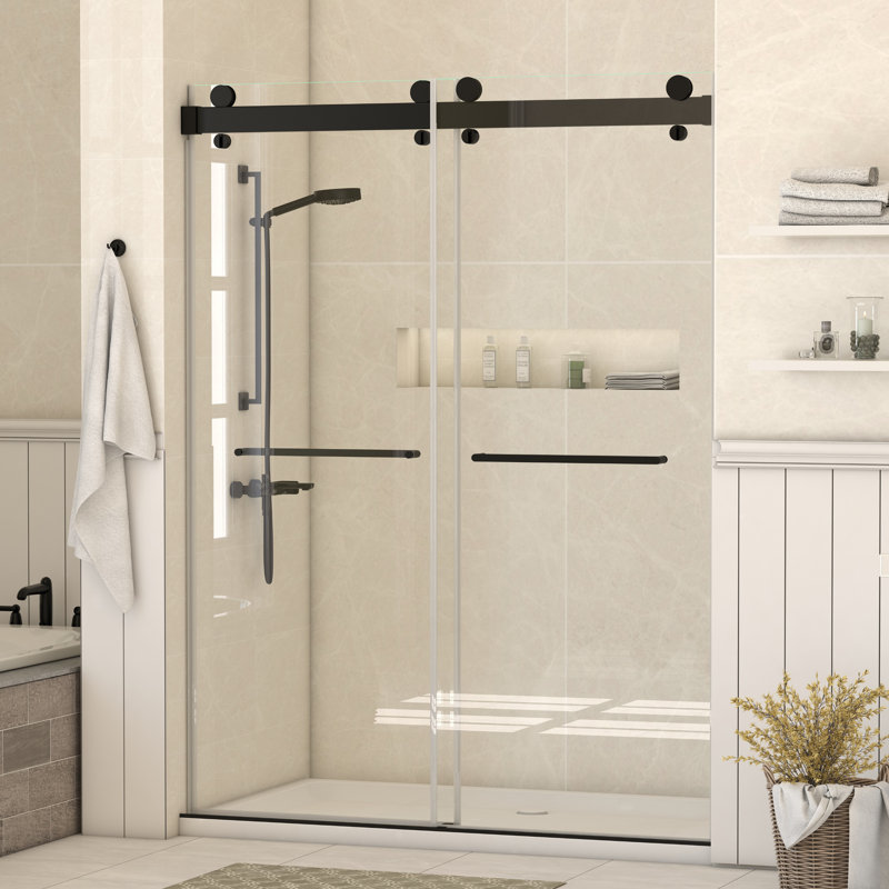 Porte de douche coulissante double sans cadre Gargy 69'-72'' L x 78'' H avec système de fermeture amortie double et verre trempé clair de 5/16'' (8 mm).