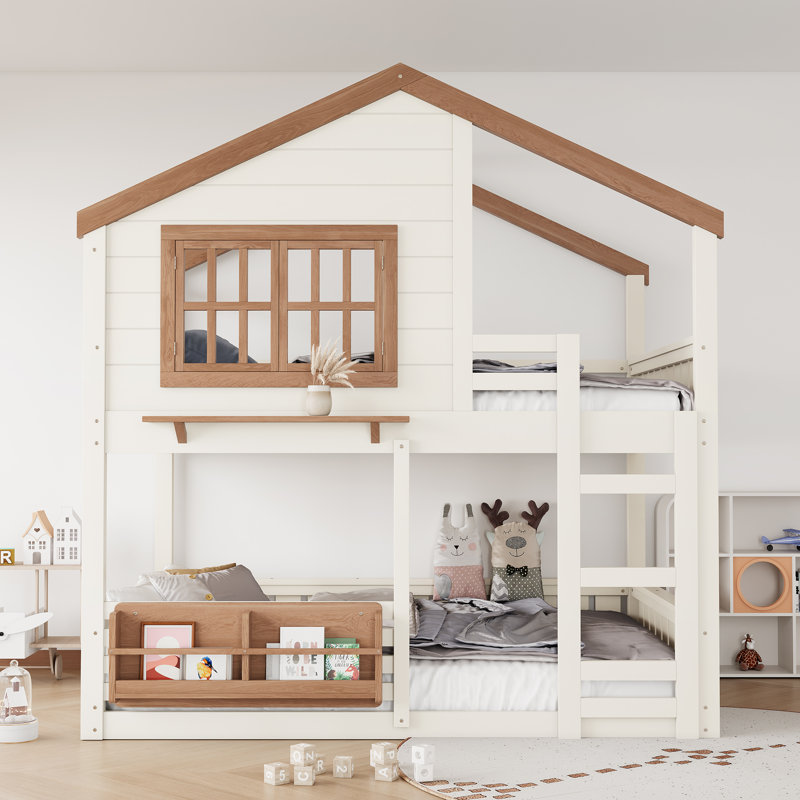 Full Size Bunk Bed/Loft Bed with Bookshelf, House Design, High-Quality Safety Fencing,Beige & Natural, Natural