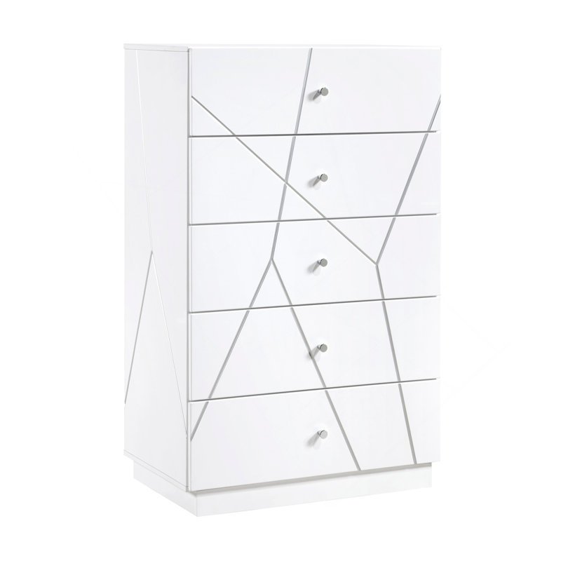Commode de rangement à 5 tiroirs à finition blanche glamour