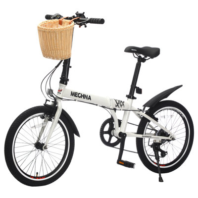 Vélo pliant de 20 pouces pour adultes avec panier, support de téléphone et garde-boue, vélo de ville portatif à 6 vitesses avec cadre en acier, vélo compact portable à double frein en V pour hommes et femmes