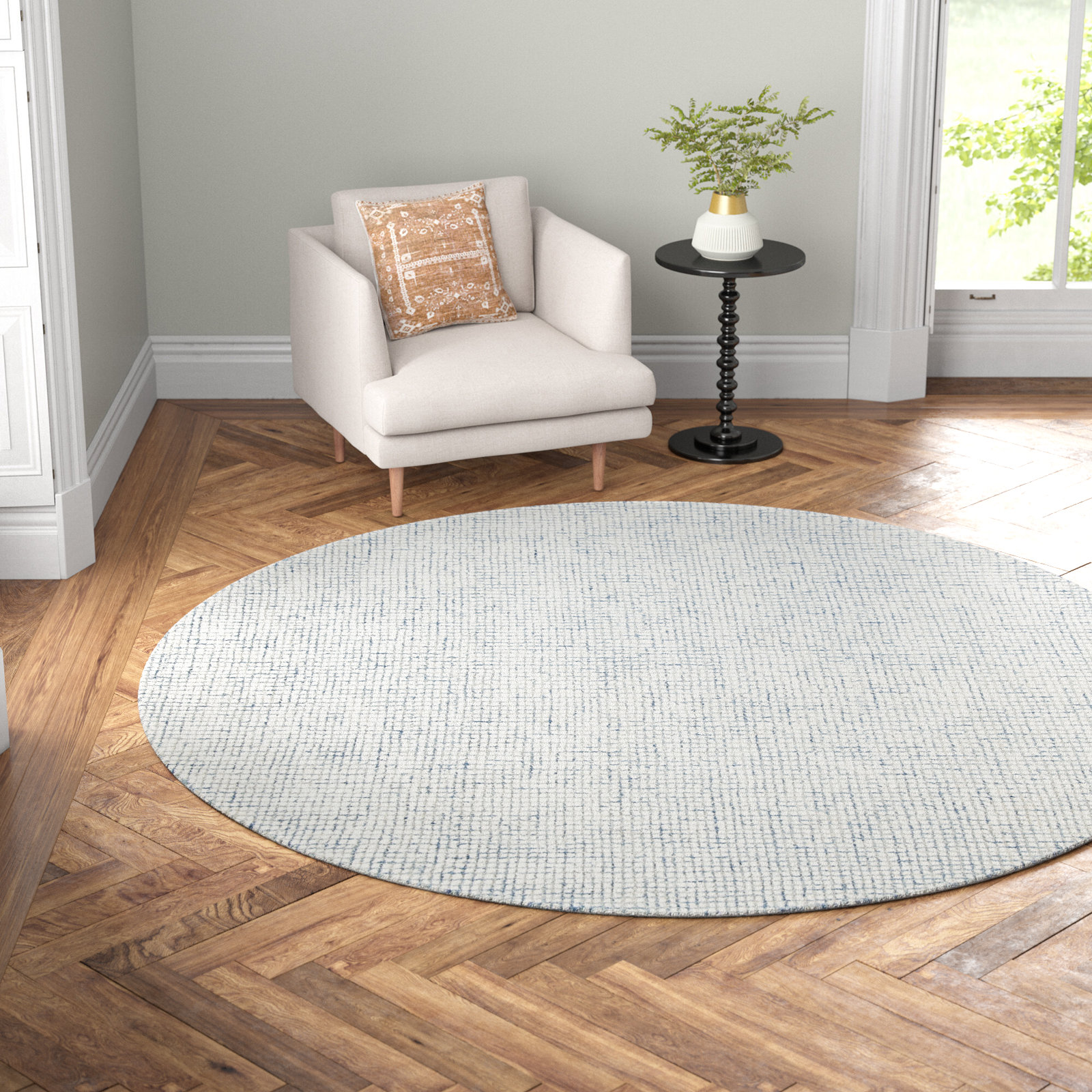 Rowe Ivory Blue Hand-Tufted Striped Rug, Round 8'