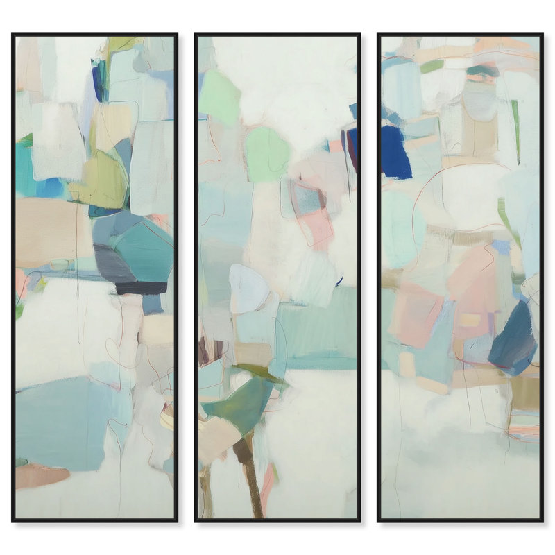 «Soft Patchwork I», ensemble de décorations sur toile encadrées par Art Remedy, cadre noir, 16 x 48, H 49 po x l 17 po