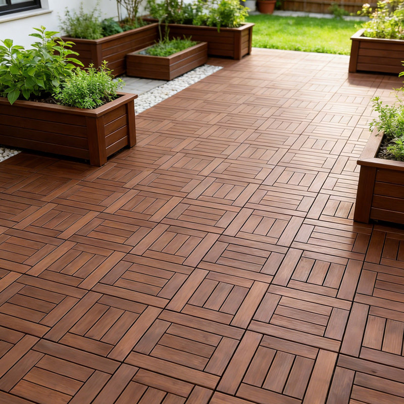 Carreaux de sol imbriqués en bois d'acacia et en PP de qualité supérieure - brun foncé 12 po x 12 po (paquet de 60), surface sécuritaire antidérapante, robuste et stable pour une utilisation intérieure / extérieure, conception à verrouillage facile, couvre 60 pieds carrés