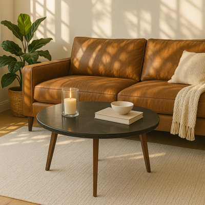 Andrea 31" Round Italian Carrara Marble Coffee Table With Oak Legs by George Oliver