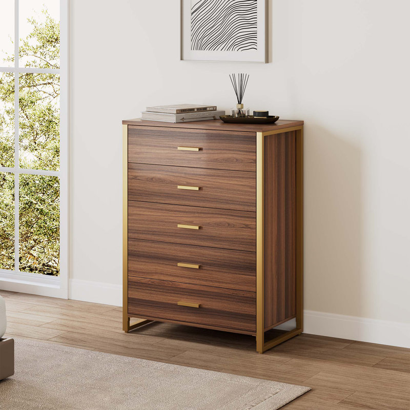 Buffet contemporain 5 tiroirs Chapeno, Brun / or