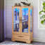 Vitrine vitrée en verre avec système d'éclairage, tablettes réglables, 2 portes, 1 tiroir, finition chêne - Design rétro, grande capacité de rangement, installation rapide de lumières DEL éclairées, rangement, idéal pour