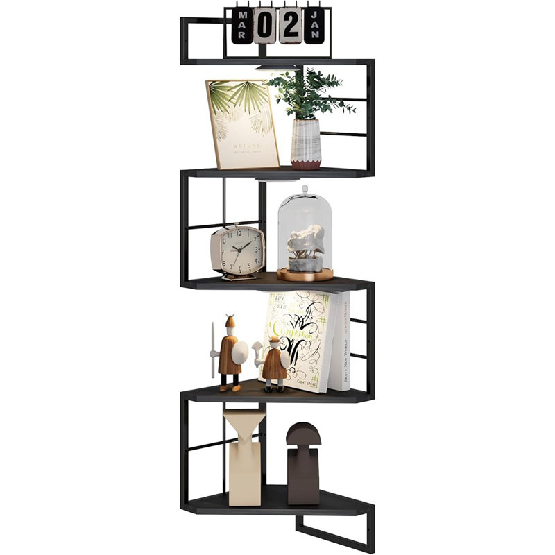 5-Tier Floating Corner Shelf With Light, Metal Wall-Mounted Corner Shelves, Black
