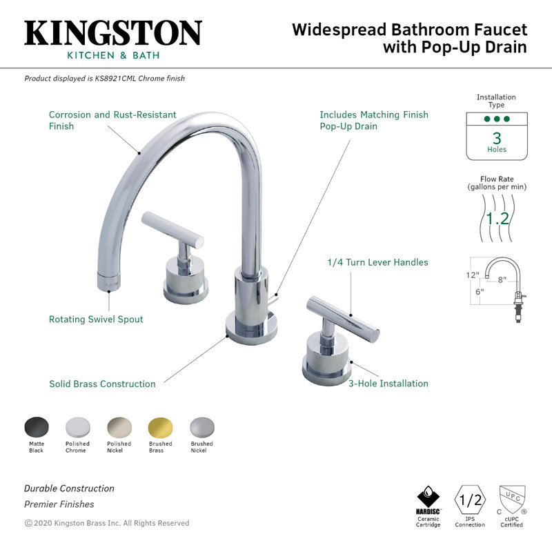 Robinet de salle de bain espacé Kingston à deux poignées et 3 poignées avec bonde escamotable en laiton Kingston, Nickel poli