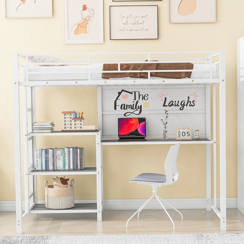 Lit mezzanine avec bureau et échelle en métal Christerfer, Blanc