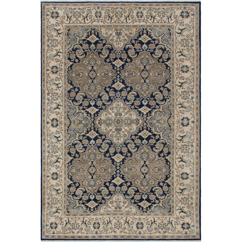 Tapis bleu / beige en laine noué à la main de style oriental rectangulaire Baccio 5 pi 11 po x 8 pi 8 po