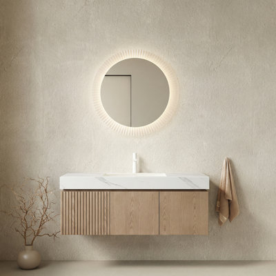 Meuble-lavabo de 48 po avec comptoir en pierre frittée blanc Carrara et lavabo en céramique (comprend un trou de robinet pré-percé), modèle pré-assemblé brun clair