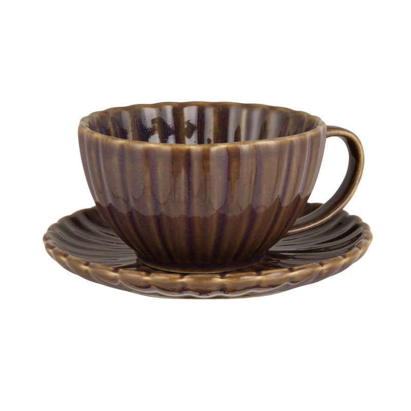 Tasse en grès nervuré avec soucoupe en glacis réactif, Mauve